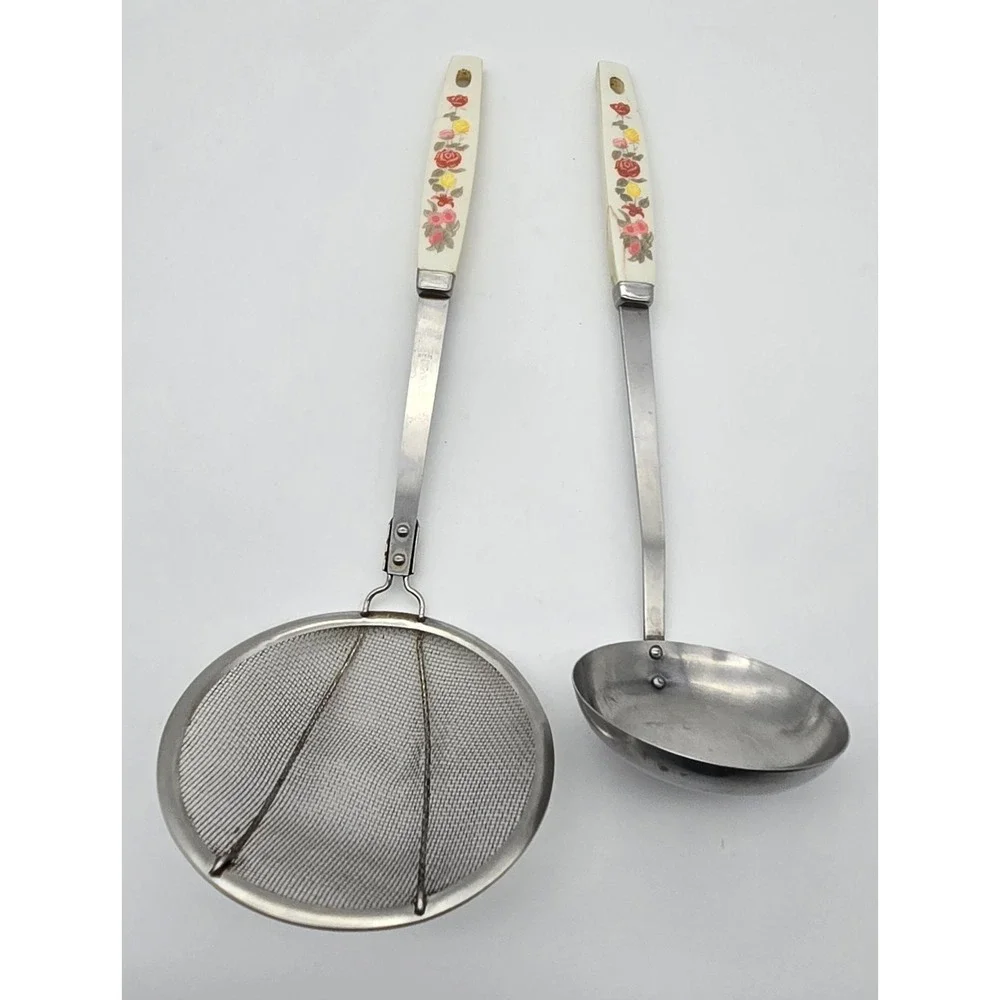Vintage‎ Japan Stainless Floral Handle Kitchen Utensils Set Ladle Strainer